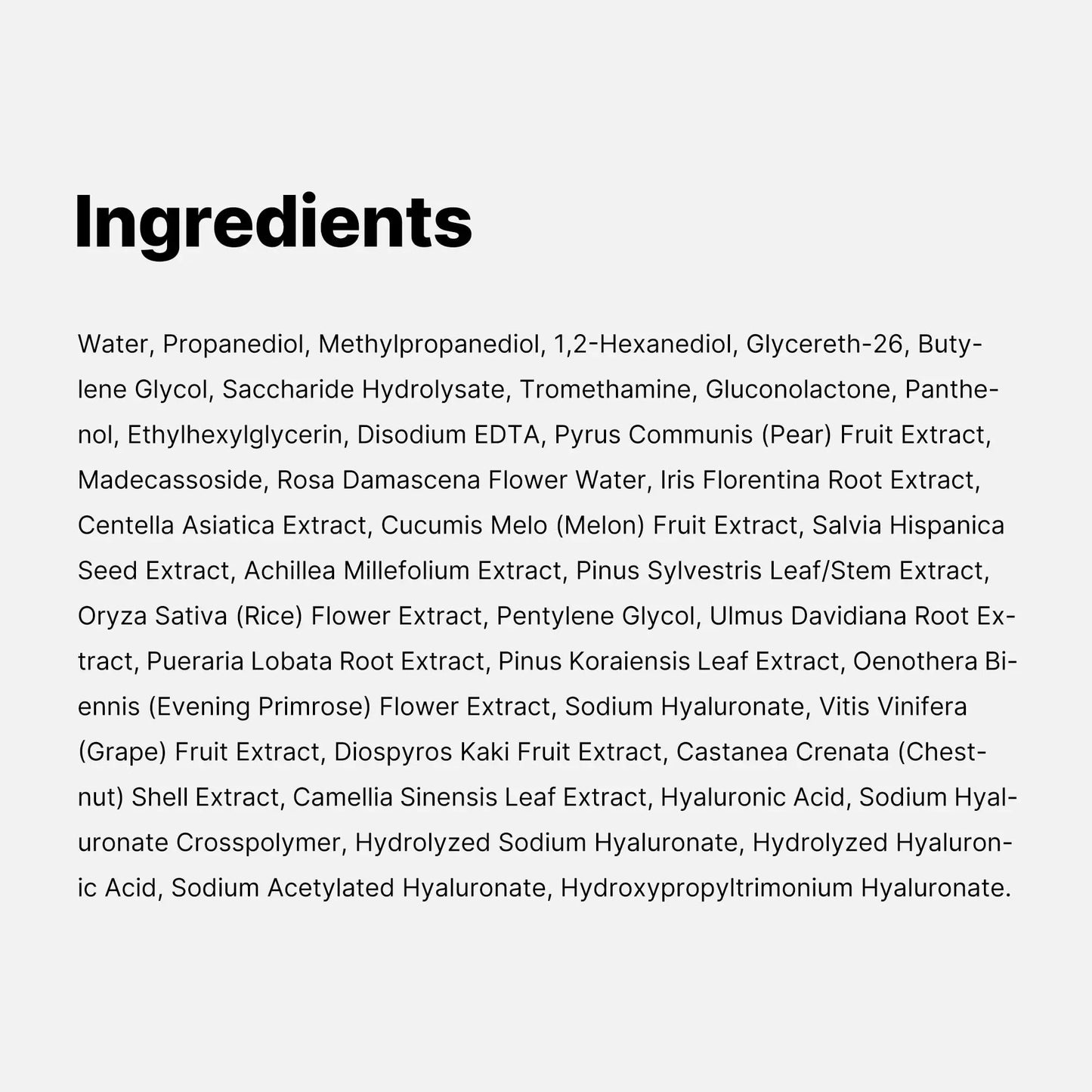 List of natural and hyaluronic acid ingredients used in medicube Zero Pore Pad Mild 155g including extracts from pear, rose, iris, centella asiatica, melon, salvia, and other botanical sources.