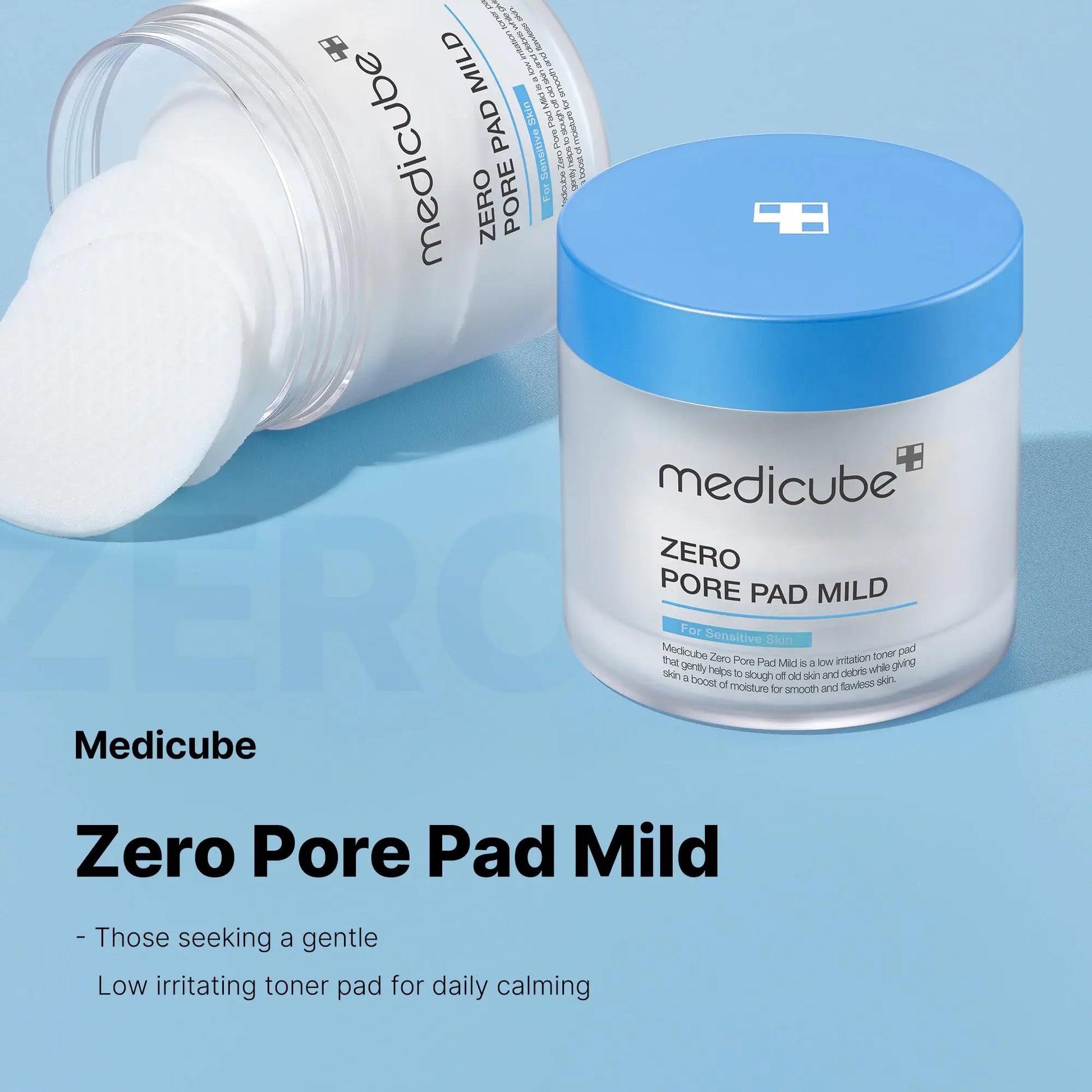 medicube Zero Pore Pad Mild 155g container with blue lid and open jar showing round white toner pads on light blue background.
