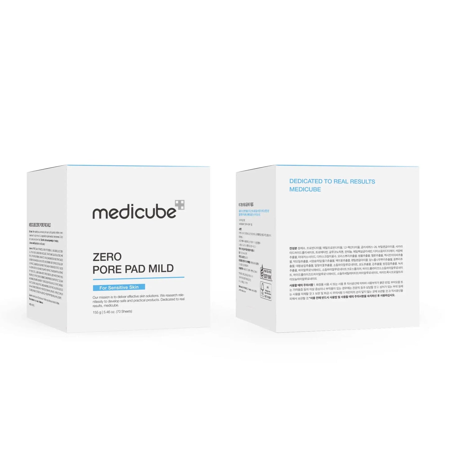 Two white boxes of medicube Zero Pore Pad Mild 155g skincare product with black and blue text, featuring front and back views on a white background