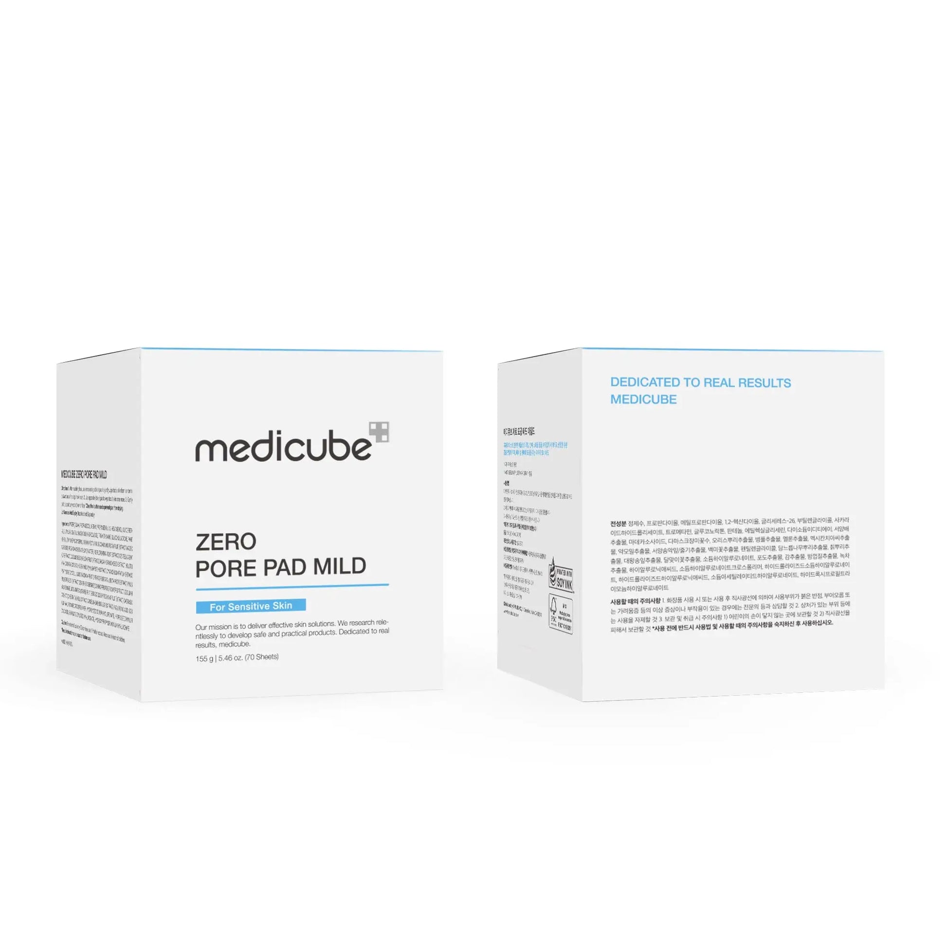 Two white boxes of medicube Zero Pore Pad Mild 155g skincare product with black and blue text, featuring front and back views on a white background