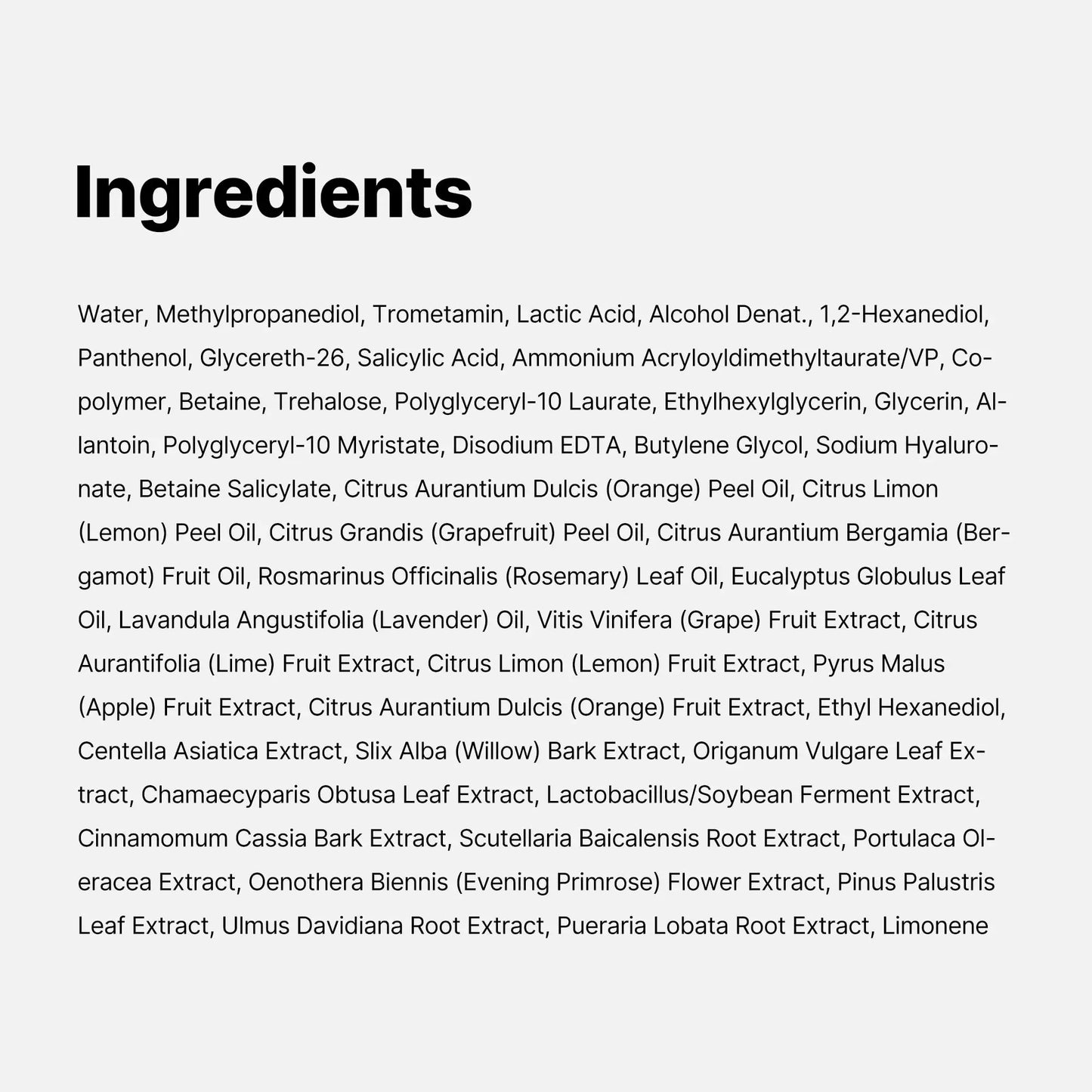 medicube Zero Pore Pads 155g 70pcs ingredient list including water, lactic acid, salicylic acid, various citrus fruit extracts, centella asiatica extract, botanical extracts, and calming plant extracts for gentle exfoliation and pore care.