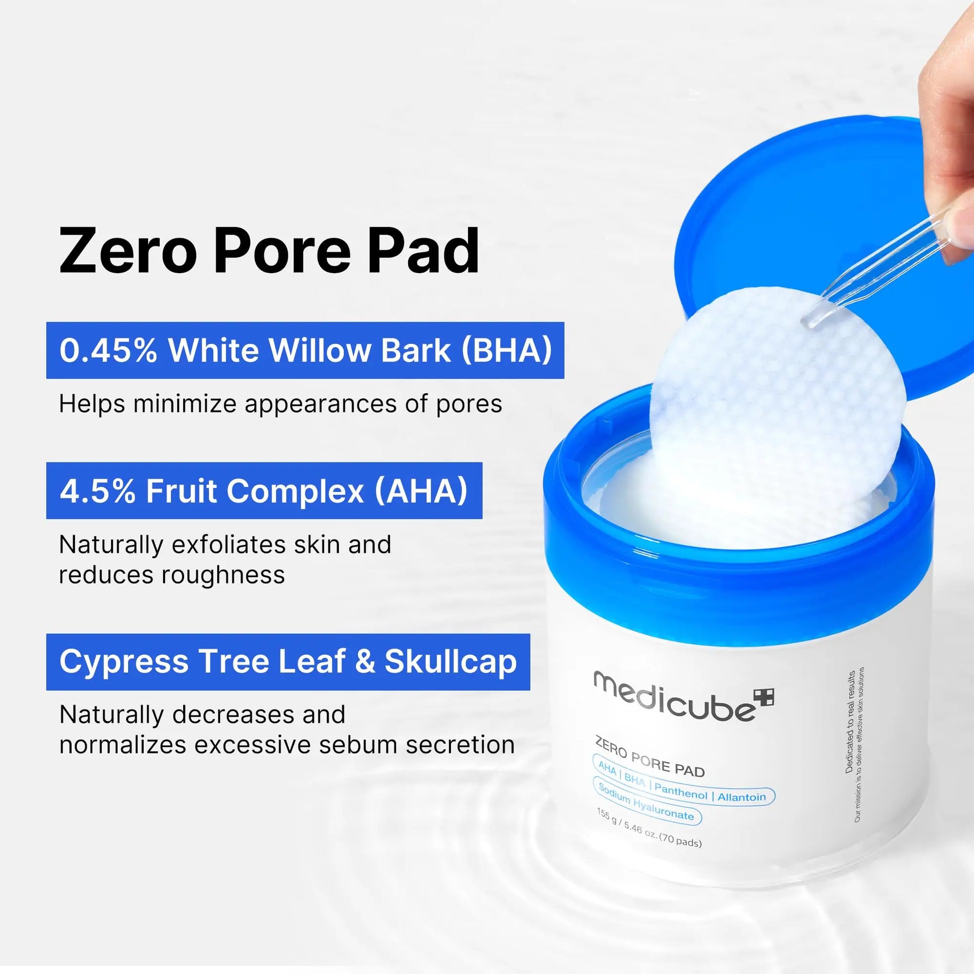 medicube Zero Pore Pads 155g 70pcs container with a hand lifting a textured pad, highlighting key ingredients like white willow bark, fruit complex, and cypress tree leaf for pore care and sebum control.