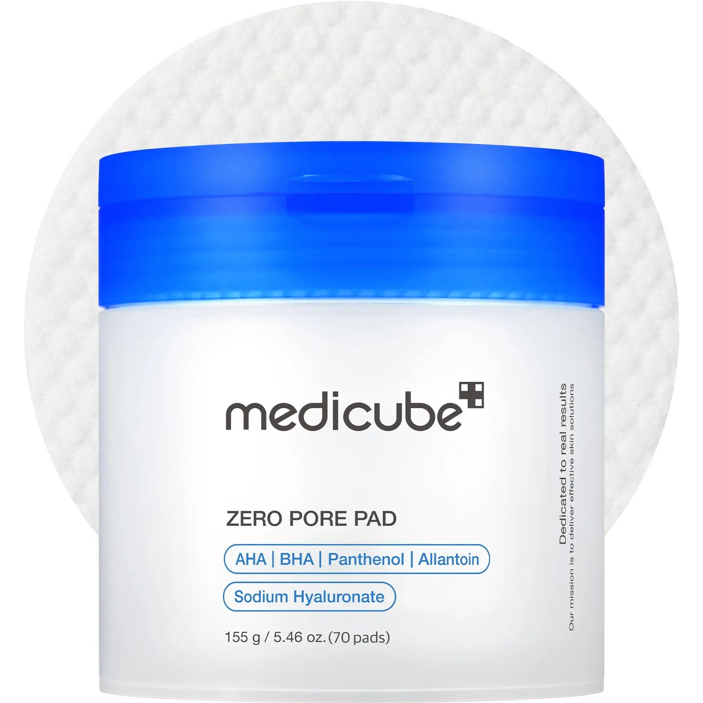 Container of medicube Zero Pore Pads 155g 70pcs with a blue lid and visible product name on a textured white background.