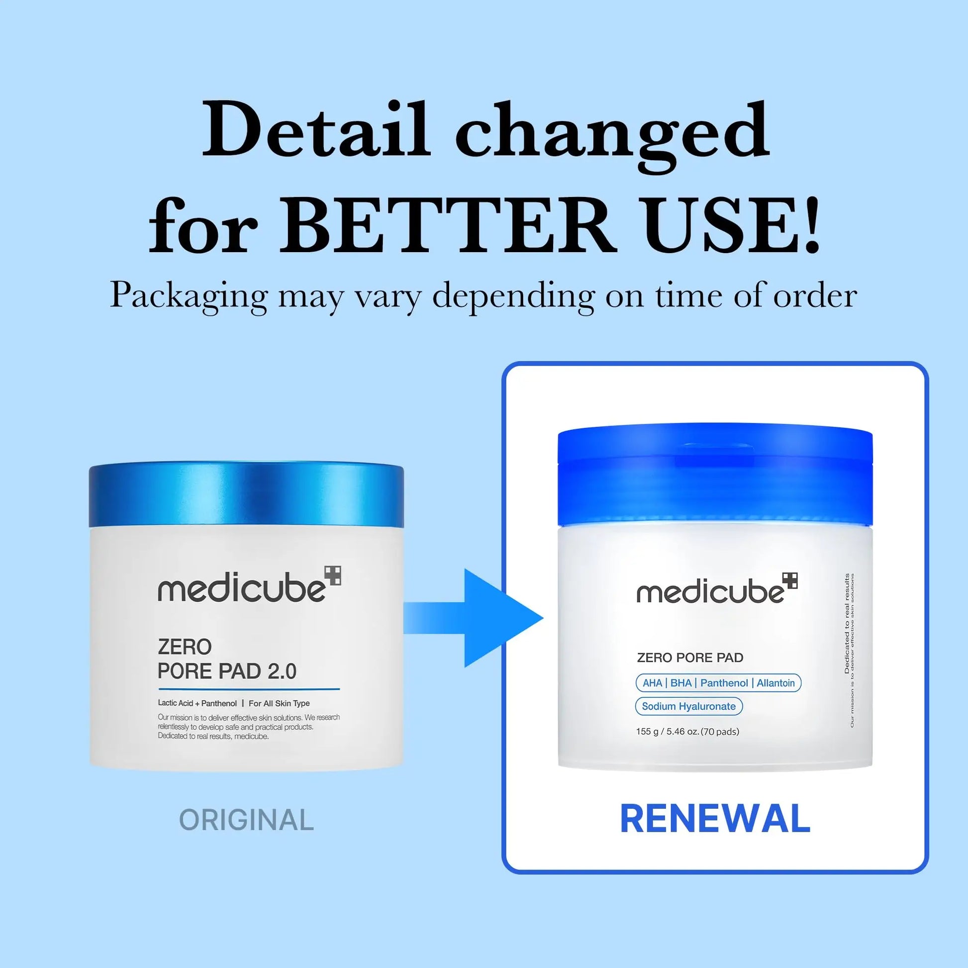 Comparison of original and renewed packaging for medicube Zero Pore Pads 155g 70pcs, highlighting improved details for better use with white containers and blue lids on a light blue background