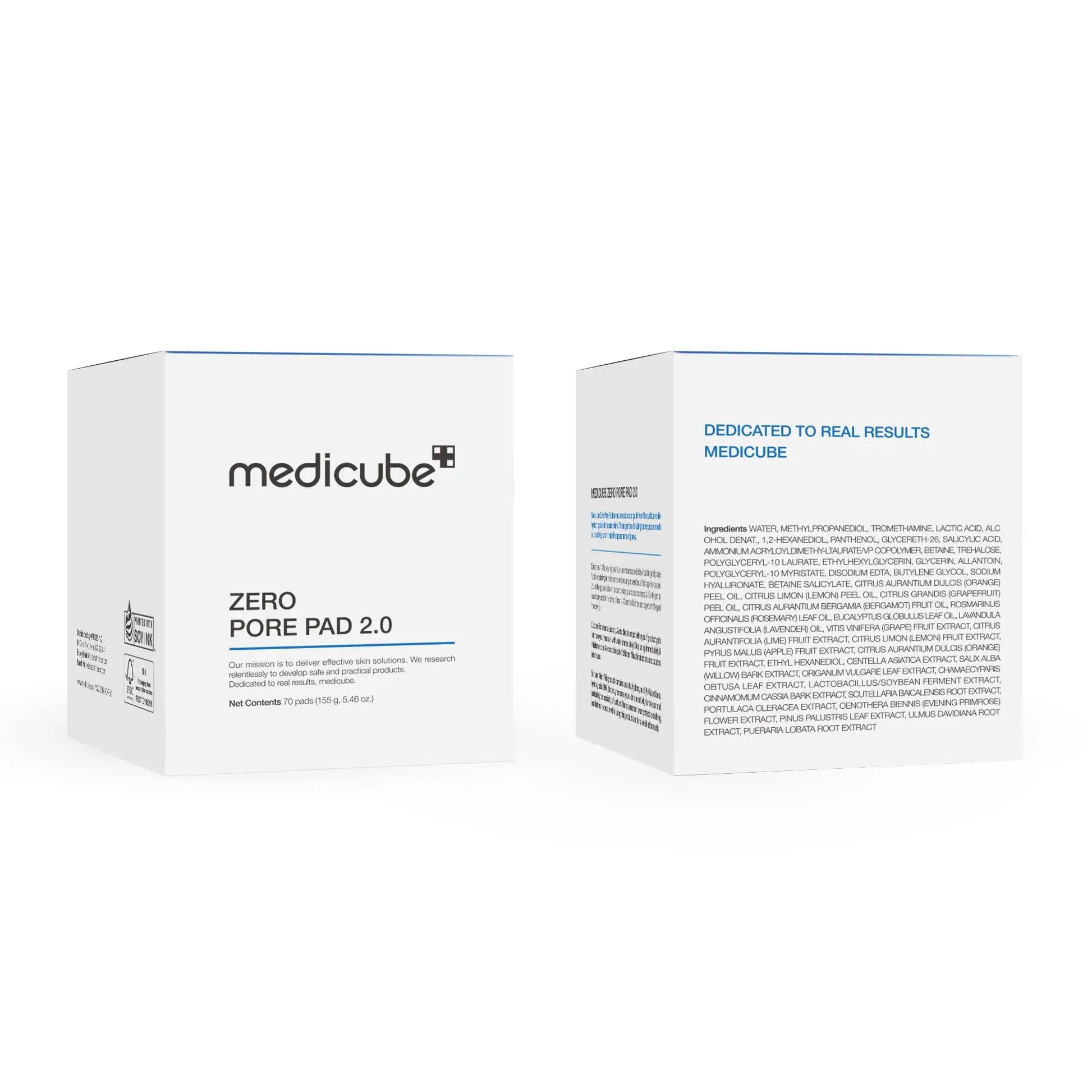 medicube Zero Pore Pads 155g 70pcs packaging showing front and back with product name, branding, and detailed ingredient list for skincare use.