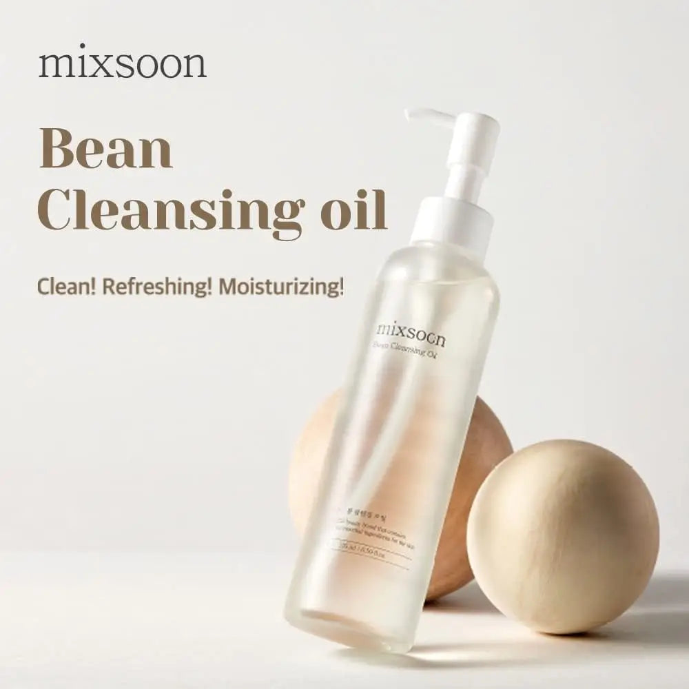 Mixsoon Bean Cleansing Oil 195ml bottle with a pump dispenser, shown with soft beige decorative spheres, promoting clean, refreshing, and moisturizing skincare benefits.