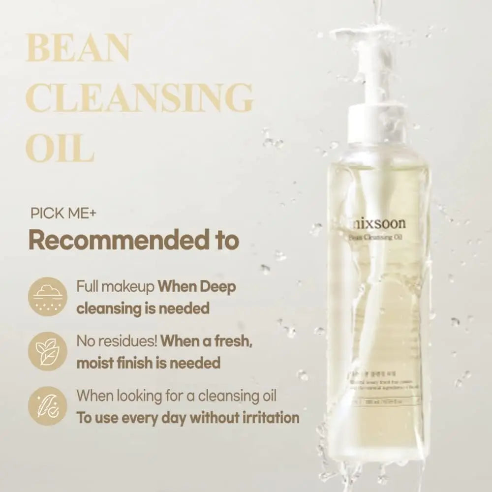 Clear bottle of Mixsoon Bean Cleansing Oil 195ml with water splashes and text highlighting its benefits for full makeup removal, fresh moist finish, and gentle daily use without irritation.