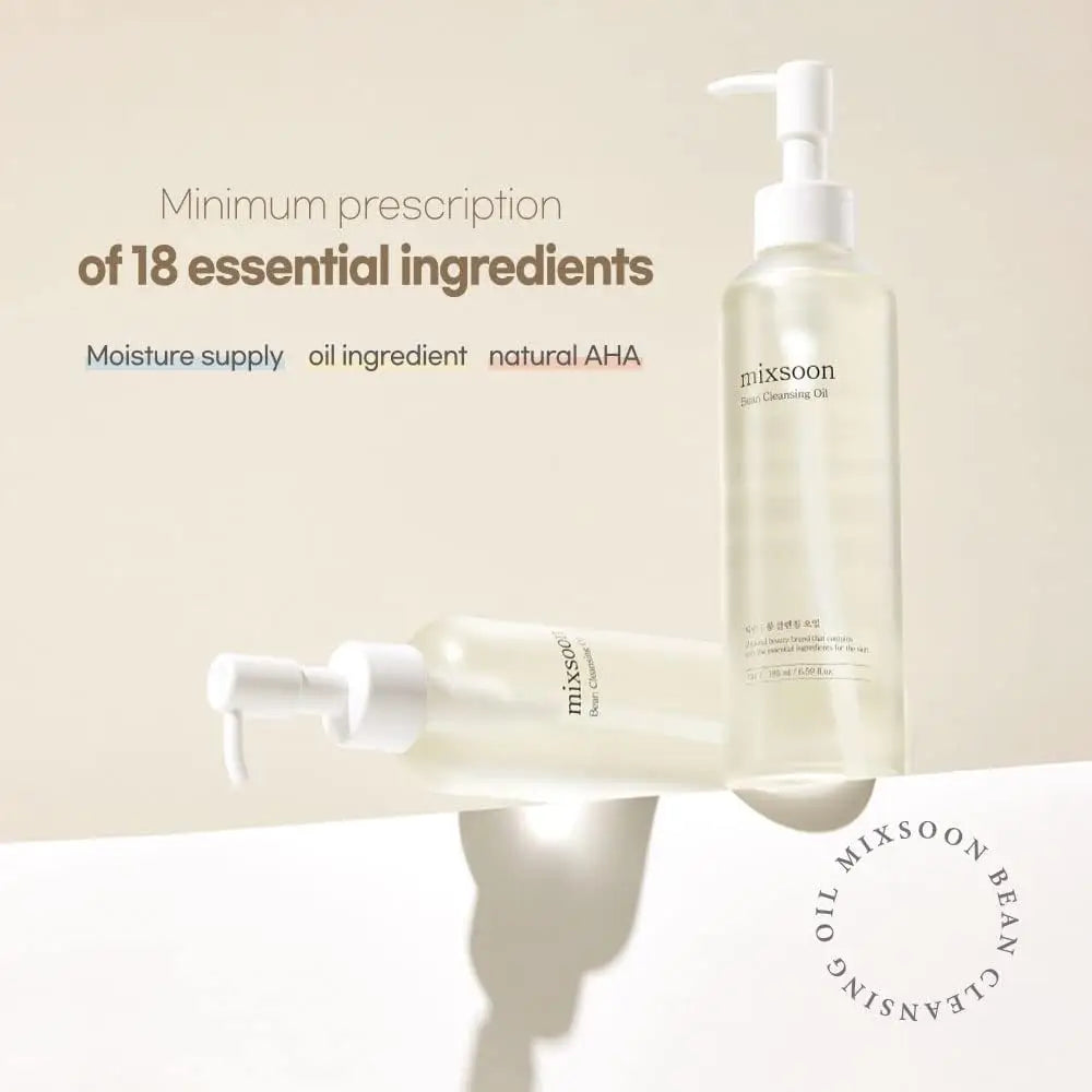Two clear bottles of Mixsoon Bean Cleansing Oil 195ml with white pump tops placed on a white surface, highlighting its natural AHA, oil ingredients, and moisture supply benefits.