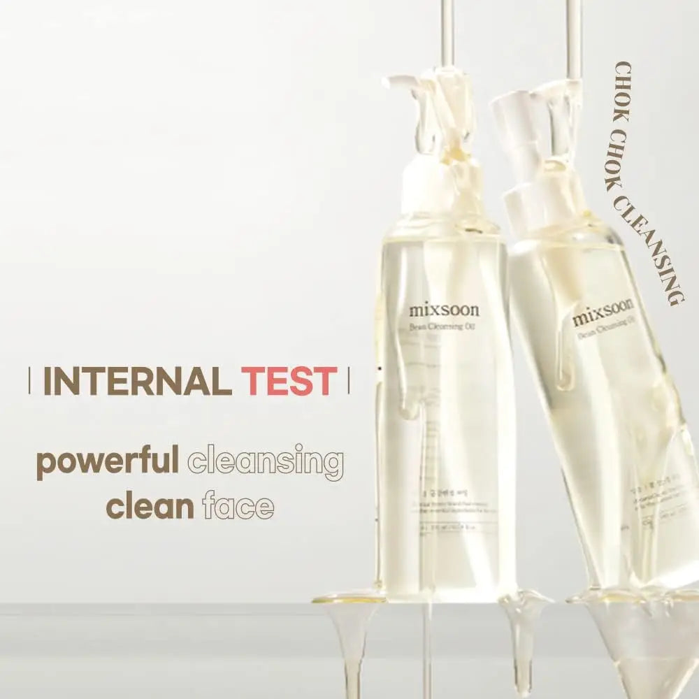 Two transparent pump bottles of Mixsoon Bean Cleansing Oil 195ml with oil dripping down, set against a light background with text promoting powerful cleansing for clean face.