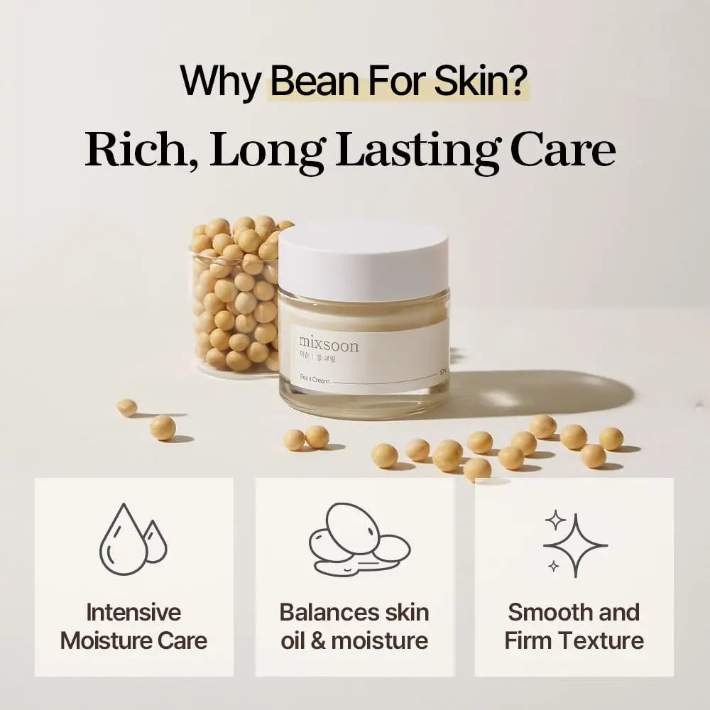 Mixsoon Bean Cream 50ml jar surrounded by soybeans with text highlighting rich, long-lasting care offering intensive moisture, balanced skin oil and moisture, and smooth, firm texture.