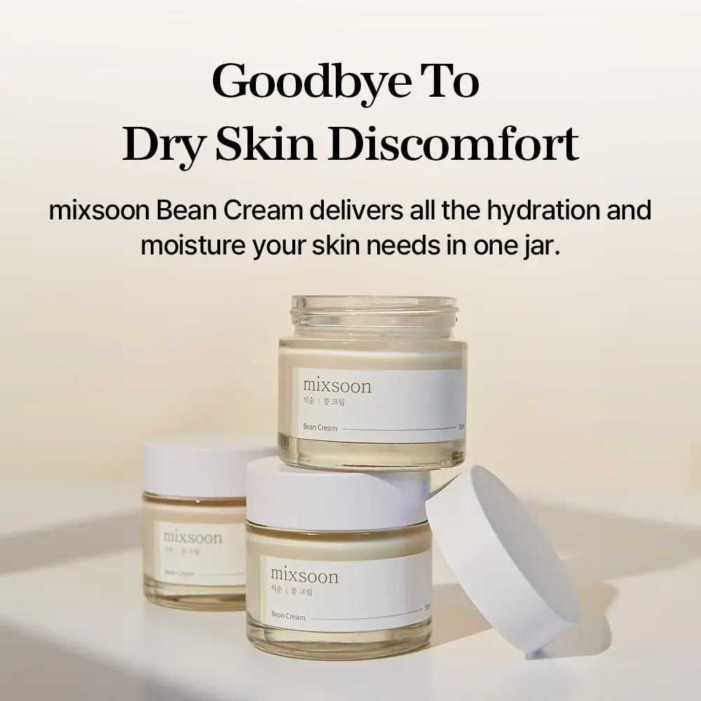 Three jars of Mixsoon Bean Cream 50ml with white lids arranged on a light background, promoting hydration and relief from dry skin discomfort.