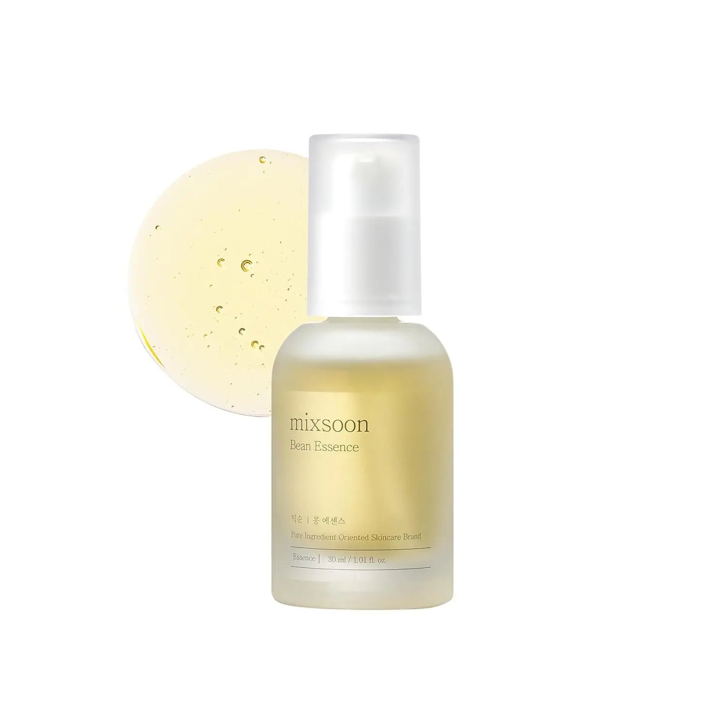 Mixsoon Bean Essence in a frosted glass bottle with white pump cap, golden fluid texture with visible small bubbles, designed for skin hydration and nourishment.