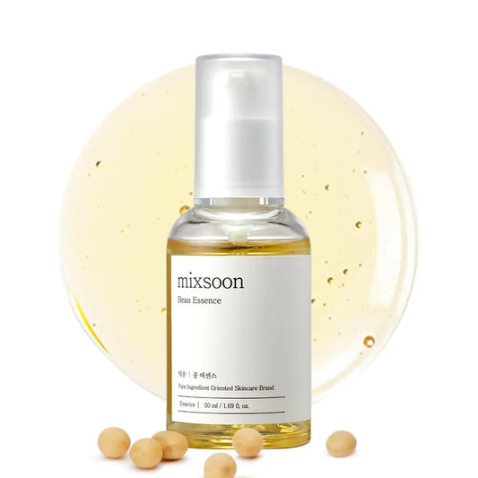 Mixsoon Bean Essence facial serum in a clear pump bottle with light golden liquid, accompanied by soybeans and a background of essence texture for hydrating skincare.