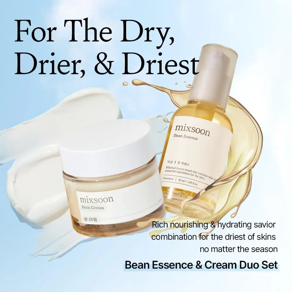 Mixsoon Bean Essence and Cream Duo Set with rich nourishing and hydrating formula designed for the driest skin, featuring creamy and liquid textures against a blue background.