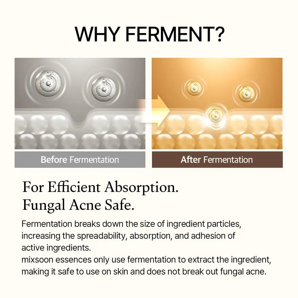 Diagram showing the difference before and after fermentation with smaller ingredient particles after fermentation for better absorption, related to Mixsoon Bean Essence.