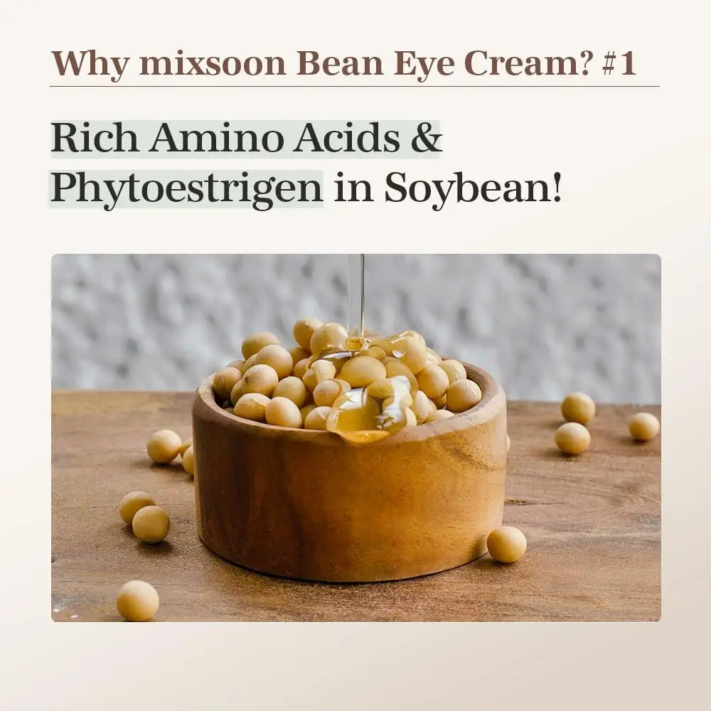 A wooden bowl filled with soybeans on a wooden surface, highlighting the rich amino acids and phytoestrogen content in soybean for mixsoon Bean Eye cream 20ml.