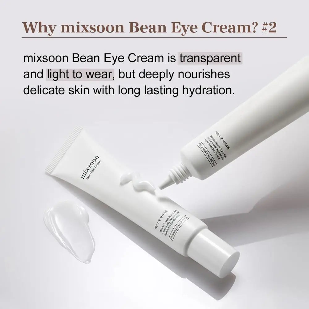 Two white tubes of mixsoon Bean Eye cream 20ml with cream squeezed out on a light background, showcasing its transparent, lightweight texture for nourishing delicate skin with long-lasting hydration.