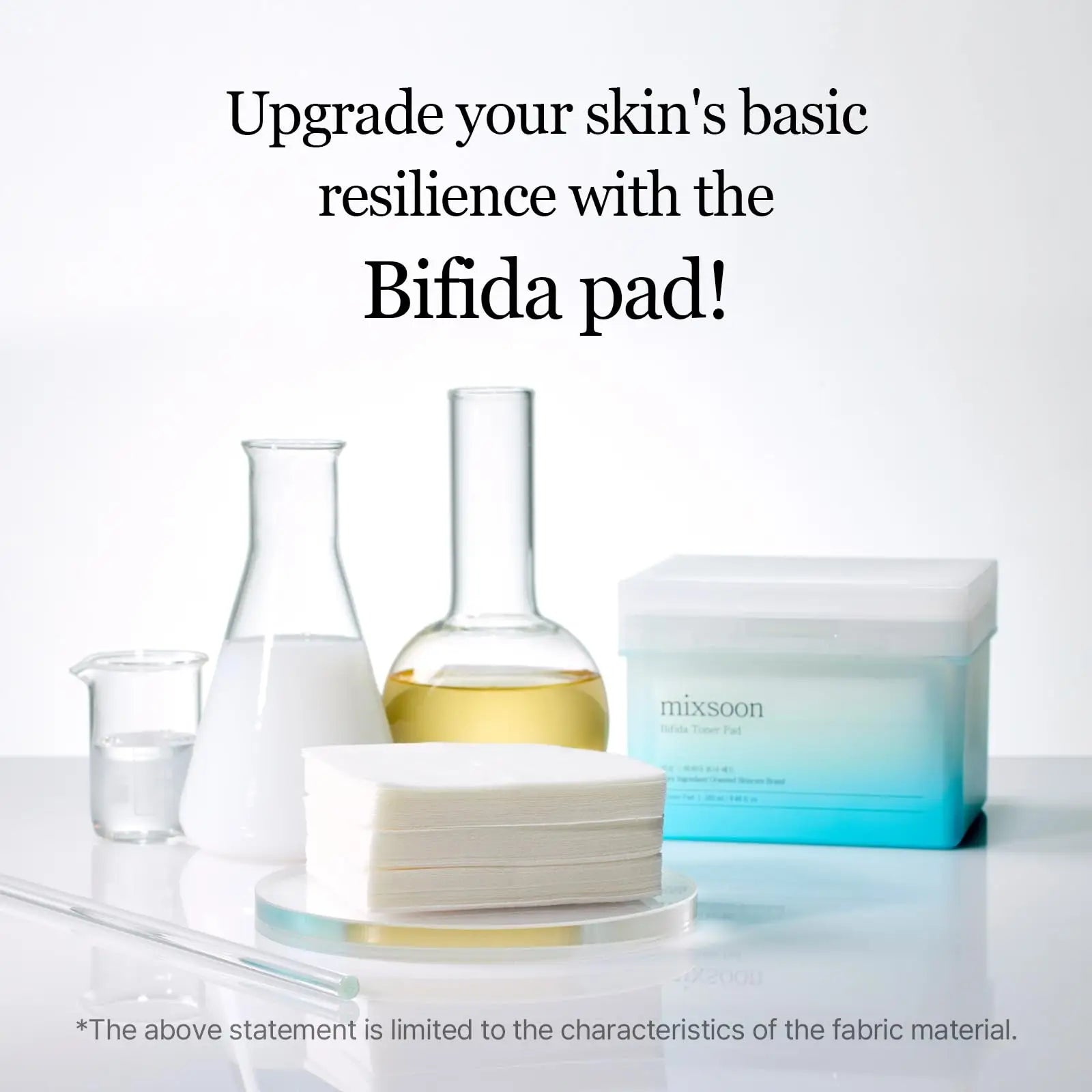 Mixsoon Bifida Toner Pad container with stacked toner pads, surrounded by scientific glassware containing clear and yellow liquids, highlighting skincare resilience and quality.