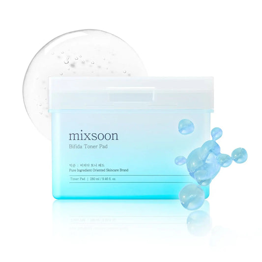 Mixsoon Bifida Toner Pad container with clear gel drop and blue molecular structure, highlighting purity and skincare benefits for hydrated, radiant skin.