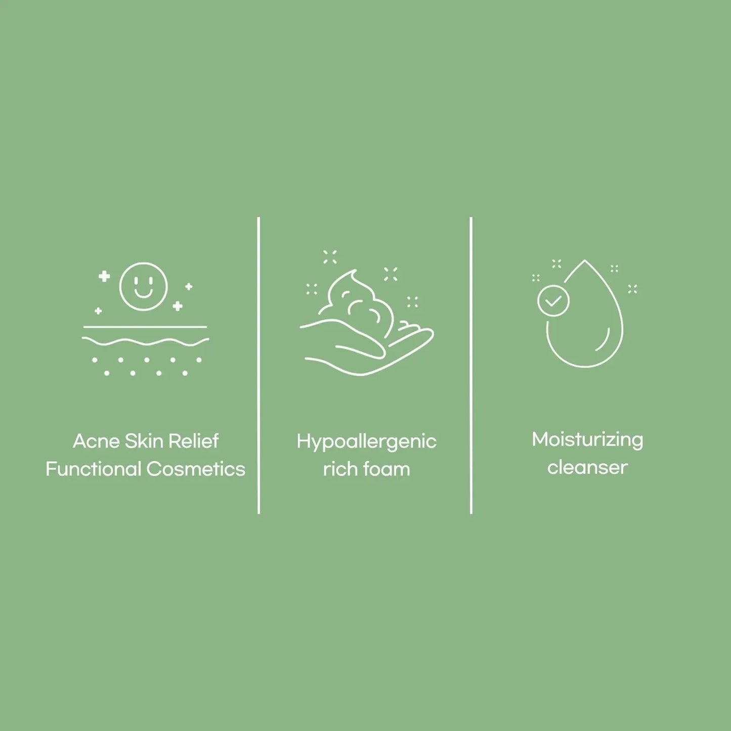 Icons representing acne skin relief, hypoallergenic rich foam in hand, and moisturizing cleanser benefits for Mixsoon Centella Cleansing Foam 150ml on a green background.