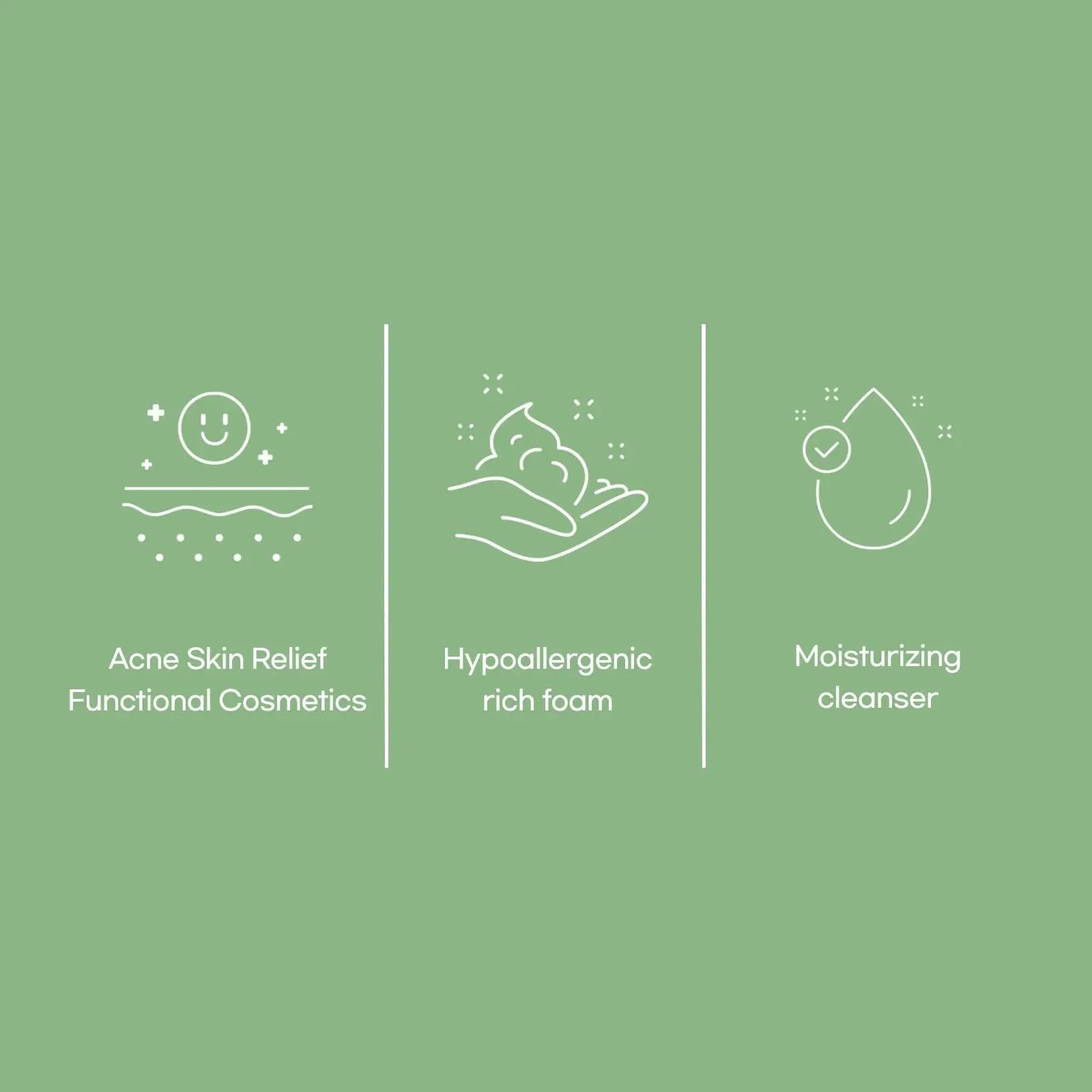 Icons representing acne skin relief, hypoallergenic rich foam in hand, and moisturizing cleanser benefits for Mixsoon Centella Cleansing Foam 150ml on a green background.