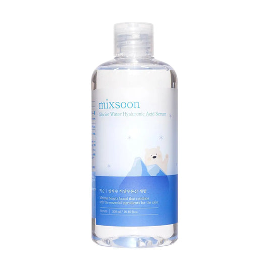 Clear bottle of Mixsoon Glacier Water Hyaluronic Acid Serum 300ml with blue label featuring a bear illustration, designed for deep hydration and skin nourishment.