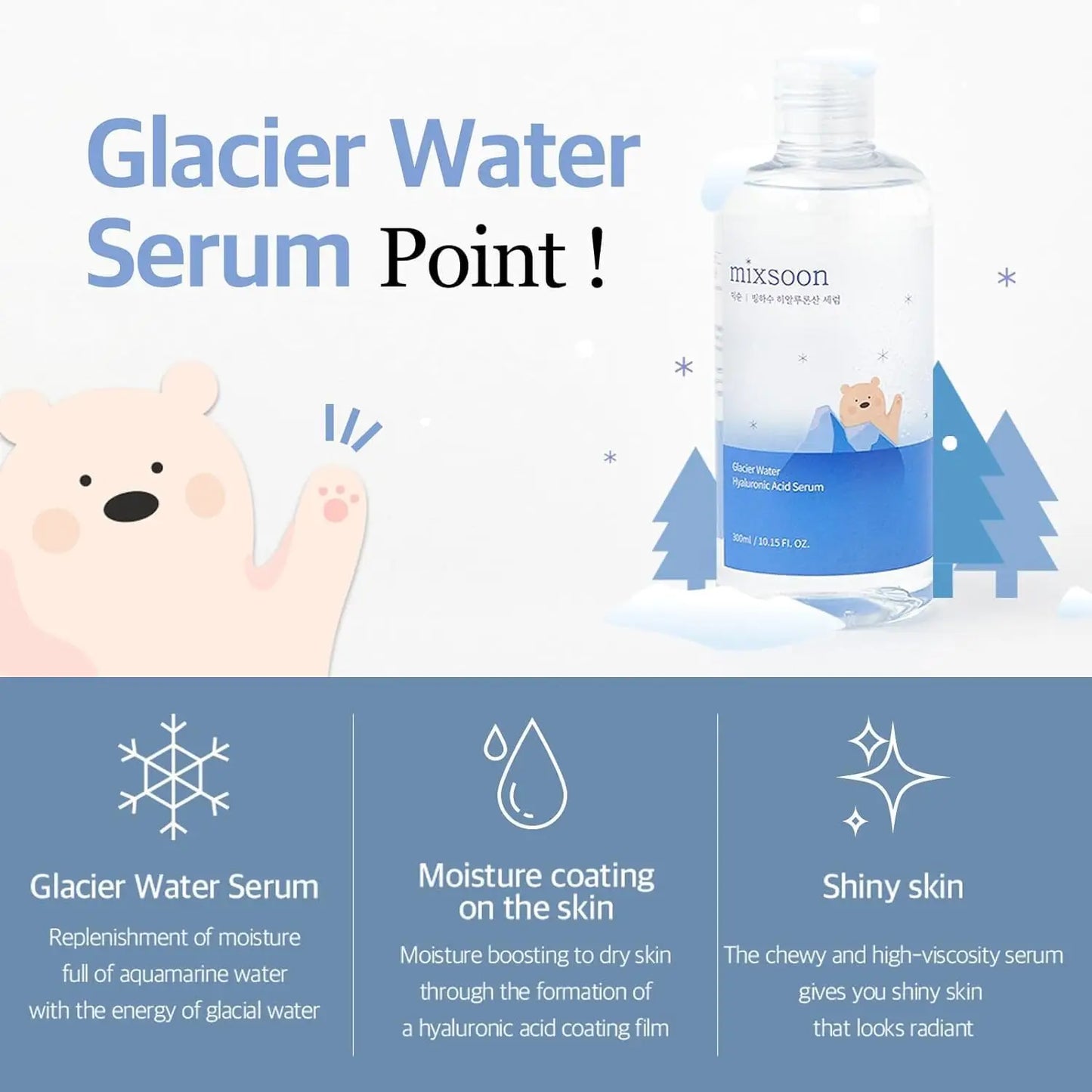 Mixsoon Glacier Water Hyaluronic Acid Serum 300ml with aquamarine water for moisture replenishment, hyaluronic acid coating for hydration, and a high-viscosity formula for shiny, radiant skin.