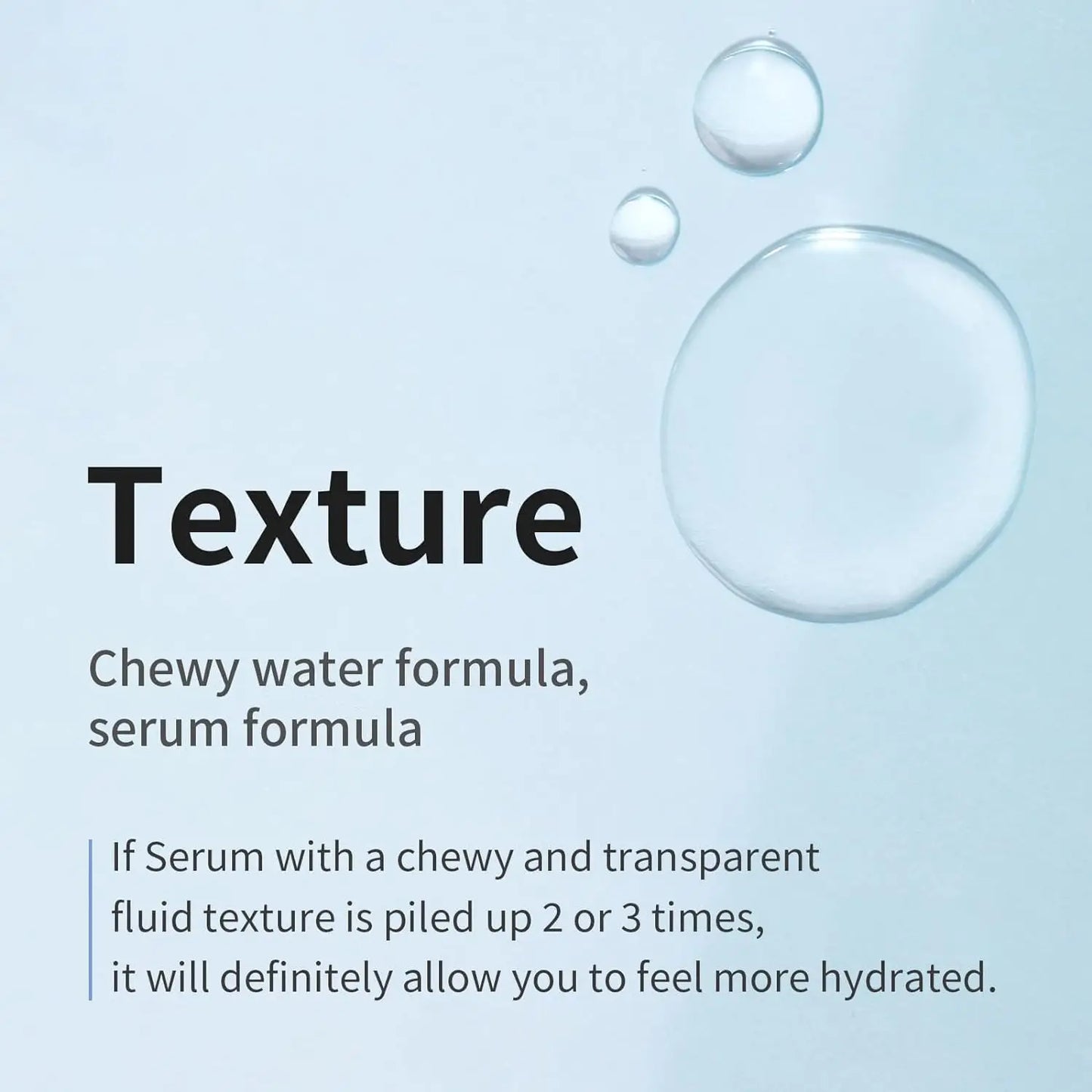 Clear droplets showcasing the chewy and transparent fluid texture of Mixsoon Glacier Water Hyaluronic Acid Serum 300ml, emphasizing its hydrating formula for skin.