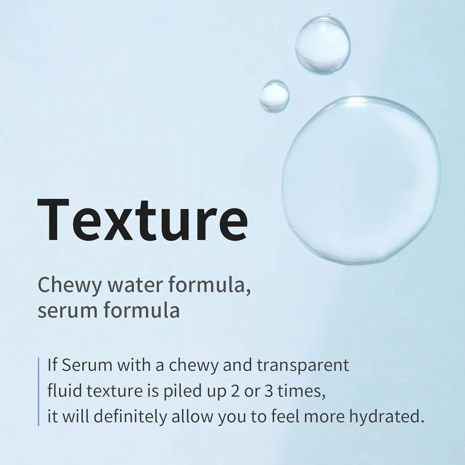 Clear droplets showcasing the chewy and transparent fluid texture of Mixsoon Glacier Water Hyaluronic Acid Serum 300ml, emphasizing its hydrating formula for skin.