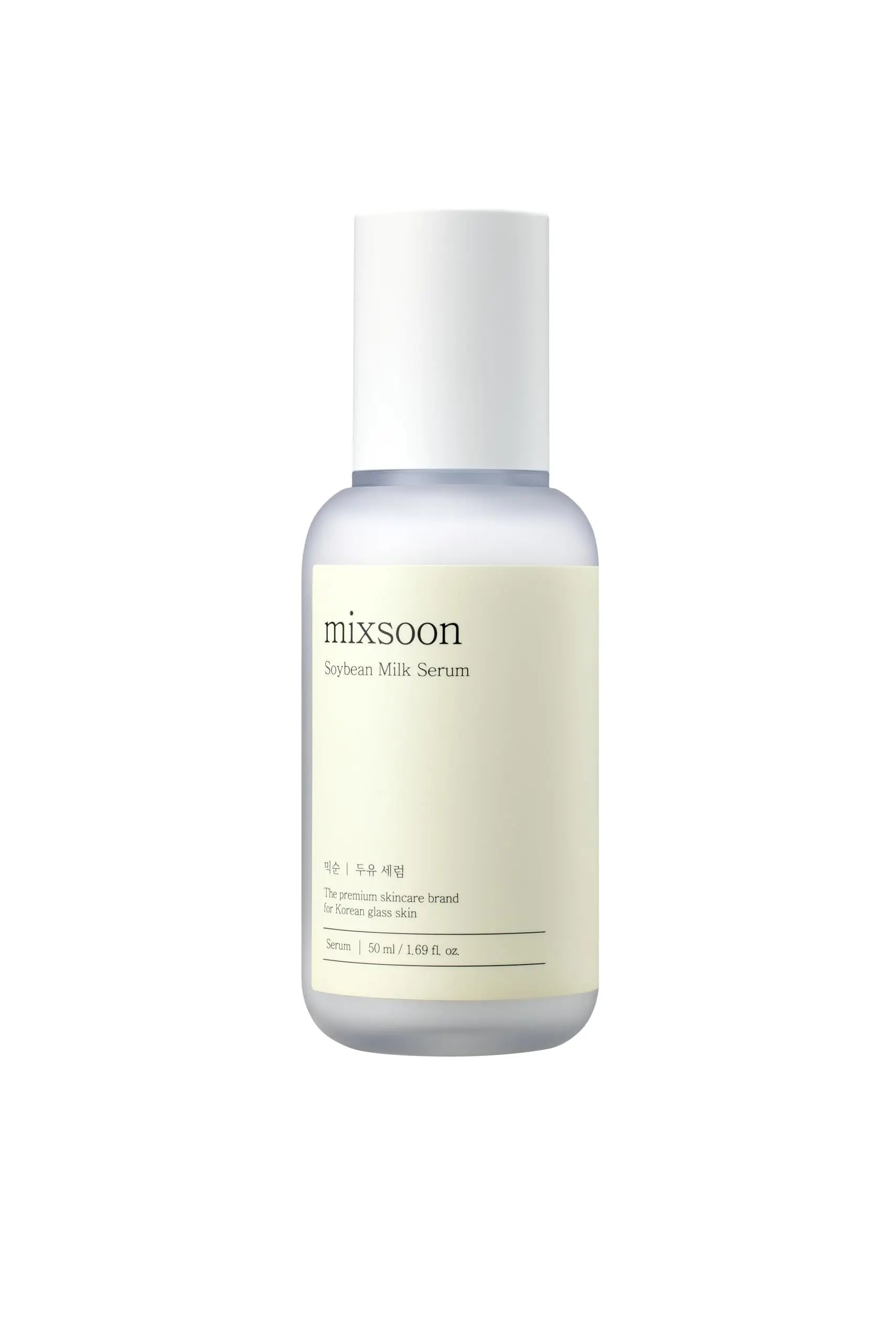 Bottle of Mixsoon Soybean Milk Serum 50ml with simple, elegant beige label and white cap against a white background