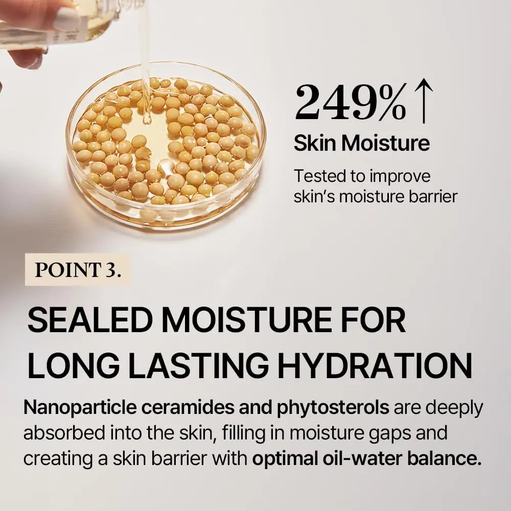 Close-up of soybean seeds in a clear dish with oil being poured over them, illustrating the hydrating benefits of Mixsoon Soybean Milk Serum 50ml for improving skin moisture and barrier function.
