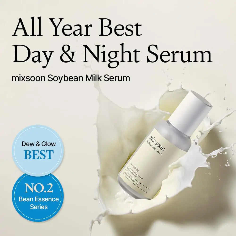 Mixsoon Soybean Milk Serum 50ml bottle with milk splash background promoting it as the best all-year day and night serum from the bean essence series.