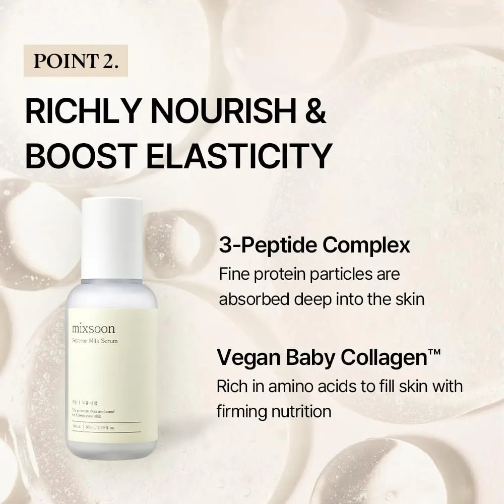 Bottle of Mixsoon Soybean Milk Serum 50ml shown with text highlighting its benefits to richly nourish and boost skin elasticity using 3-Peptide Complex and Vegan Baby Collagen ingredients.