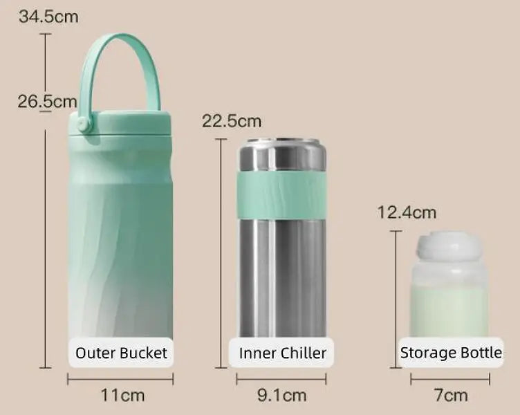 Portable Breast Milk and Water Cooler 24-Hour Extended Cooling | Ice-Free Portable Milk Storage for Travel and Work | All-in-One Ice-Free Cooler and Baby Bottle showing dimensions of outer bucket, inner chiller, and storage bottle in light green and stainless steel design.