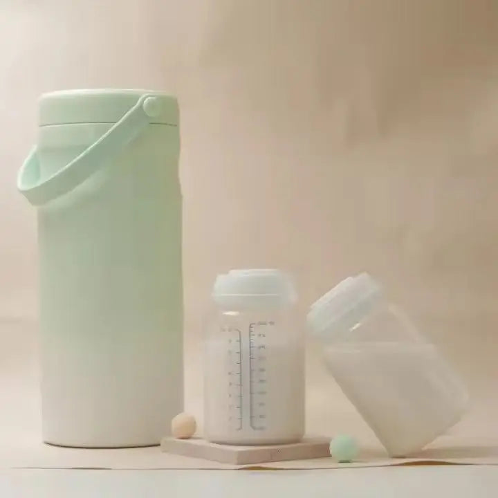 Portable Breast Milk and Water Cooler 24-Hour Extended Cooling | Ice-Free Portable Milk Storage for Travel and Work | All-in-One Ice-Free Cooler and Baby Bottle shown with two baby bottles filled with milk on a neutral background.