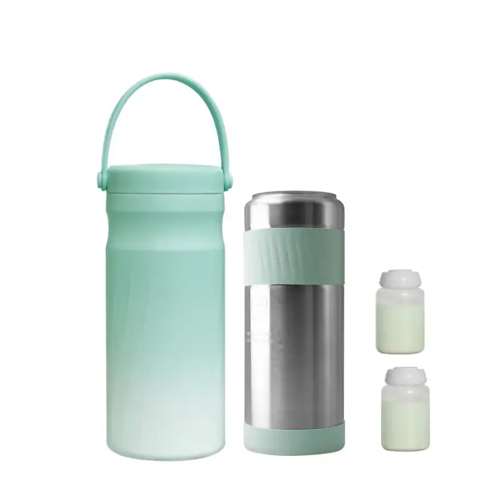 Portable Breast Milk and Water Cooler 24-Hour Extended Cooling | Ice-Free Portable Milk Storage for Travel and Work | All-in-One Ice-Free Cooler and Baby Bottle shown in mint green with stainless steel cooler and two baby bottles.