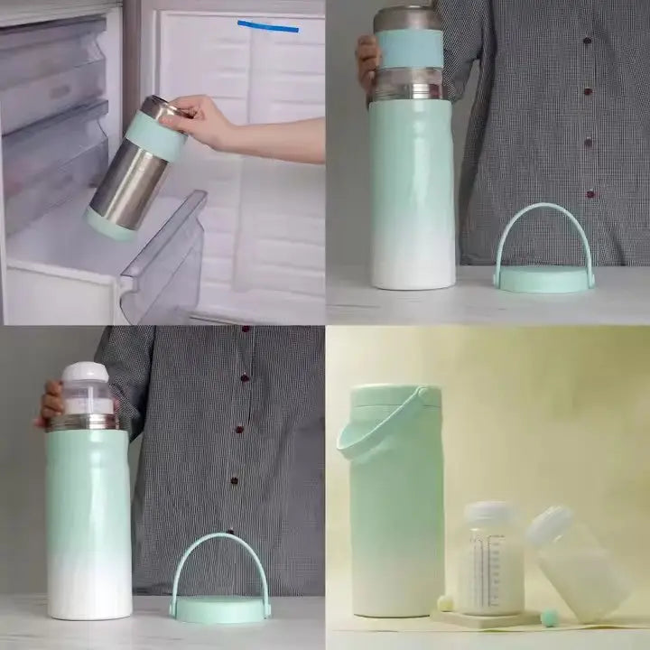 Collage showing the Portable Breast Milk and Water Cooler 24-Hour Extended Cooling | Ice-Free Portable Milk Storage for Travel and Work | All-in-One Ice-Free Cooler and Baby Bottle in pastel green and white, demonstrating its use for storing and cooling baby bottles and milk without ice.