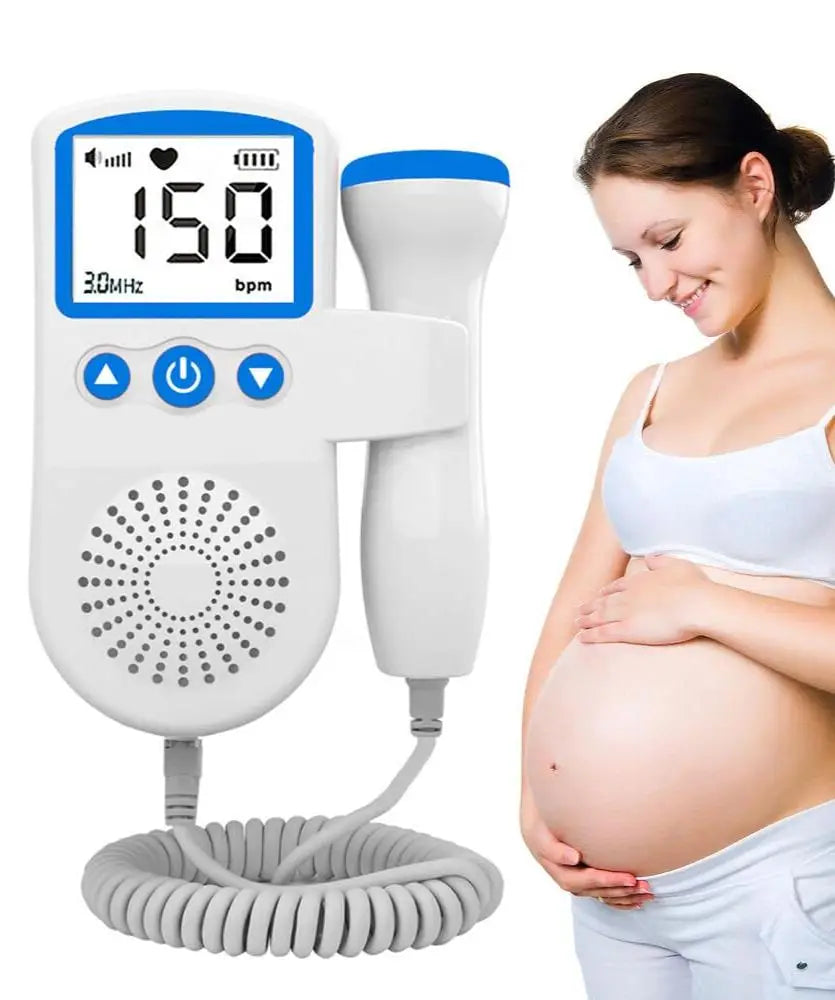 Portable Fetal Doppler Heart Rate Detector for Baby, Portable Pocket Device, Heart Rate Monitor Doppler Heart Rate Monitor for Pregnancy, Pregnancy Ultrasound shown with digital display alongside a smiling pregnant woman gently holding her belly.