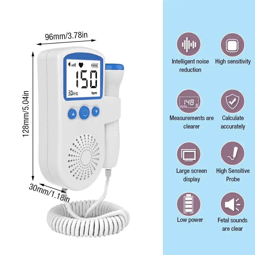 Portable Fetal Doppler Heart Rate Detector for Baby, Portable Pocket Device, Heart Rate Monitor Doppler Heart Rate Monitor for Pregnancy, Pregnancy Ultrasound showing device dimensions and key features such as intelligent noise reduction and high sensitivity.