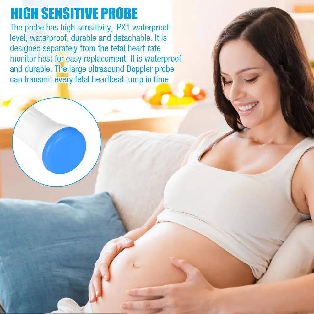 Pregnant woman smiling and touching her belly, illustrating the high sensitivity probe of the Portable Fetal Doppler Heart Rate Detector for Baby, Portable Pocket Device, Heart Rate Monitor Doppler Heart Rate Monitor for Pregnancy, Pregnancy Ultrasound.