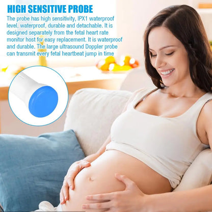 Pregnant woman smiling and touching her belly, illustrating the high sensitivity probe of the Portable Fetal Doppler Heart Rate Detector for Baby, Portable Pocket Device, Heart Rate Monitor Doppler Heart Rate Monitor for Pregnancy, Pregnancy Ultrasound.