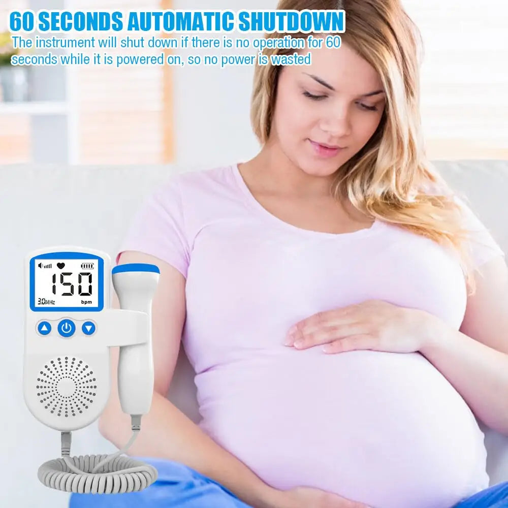 Pregnant woman sitting on a couch using a Portable Fetal Doppler Heart Rate Detector for Baby, Portable Pocket Device, Heart Rate Monitor Doppler Heart Rate Monitor for Pregnancy, Pregnancy Ultrasound to check her baby's heartbeat.