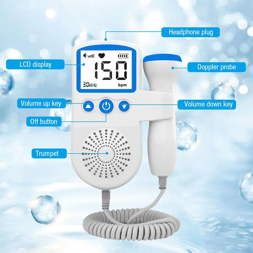 Diagram of Portable Fetal Doppler Heart Rate Detector for Baby, Portable Pocket Device, Heart Rate Monitor Doppler Heart Rate Monitor for Pregnancy, Pregnancy Ultrasound showing labeled parts including LCD display, headphone plug, Doppler probe, volume up and down keys, off button, and speaker.