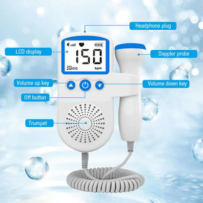 Diagram of Portable Fetal Doppler Heart Rate Detector for Baby, Portable Pocket Device, Heart Rate Monitor Doppler Heart Rate Monitor for Pregnancy, Pregnancy Ultrasound showing labeled parts including LCD display, headphone plug, Doppler probe, volume up and down keys, off button, and speaker.