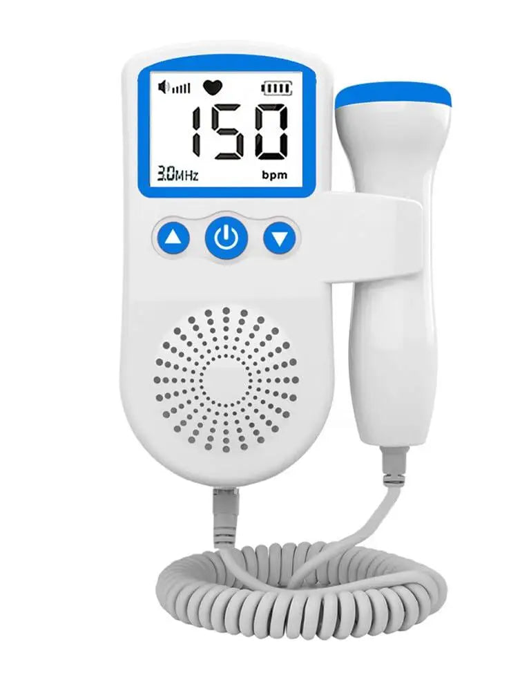 White and blue handheld electronic device displaying fetal heart rate of 150 bpm with buttons and a probe, shown with coiled cord, Portable Fetal Doppler Heart Rate Detector for Baby, Portable Pocket Device, Heart Rate Monitor Doppler Heart Rate Monitor for Pregnancy, Pregnancy Ultrasound