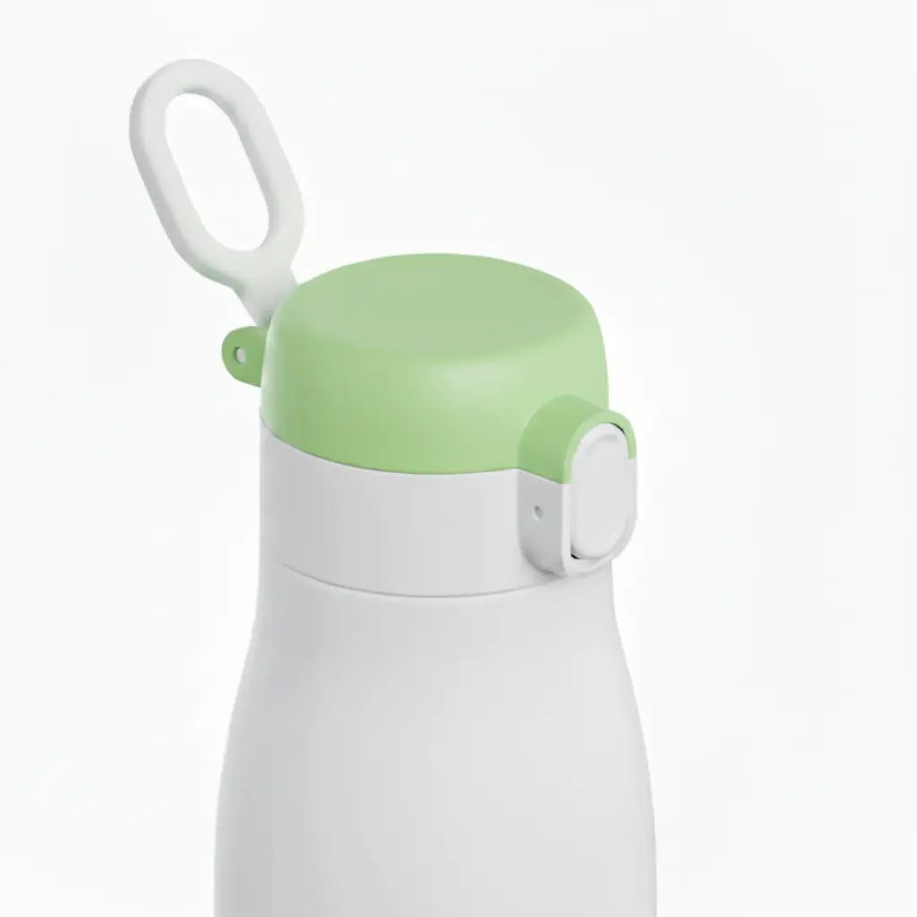 White water bottle with a green cap and handle on a white background
