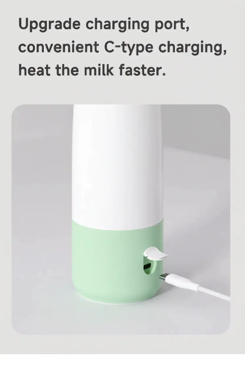 White and blue device with charging cable for portable heater bottle on a light gray background
