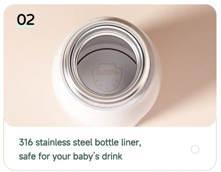 Stainless steel bottle liner with '316' marking on a beige background for portable water heater
