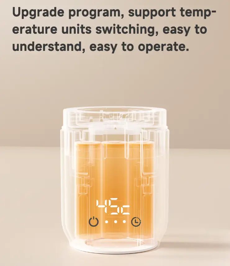 portable water heater container with digital display on a beige background