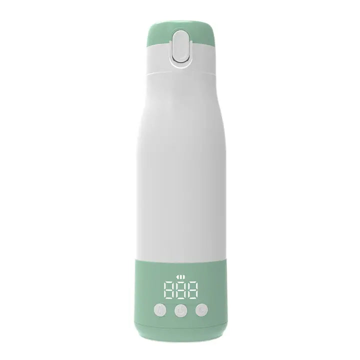 Mint green and white portable water heater device on a white background